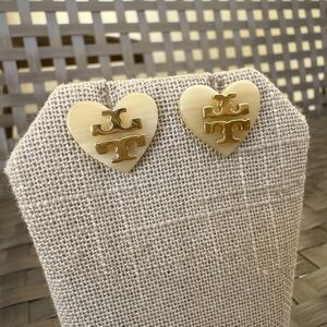 Tory Burch Logo Heart Stud Earrings, White And Yellow Gold Colors.